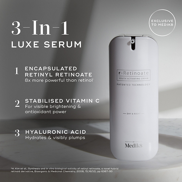 A large white cylindrical airless pump dispenser bottle of Medik8 r-Retinoate® Day & Night stands vertically against a light grey minimalist background with subtle shadows. Text overlays on the left highlight its key features as a "3-In-1 LUXE SERUM":

"ENCAPSULATED RETINYL RETINOATE 8x more powerful than retinol*"

"STABILISED VITAMIN C For visible brightening & antioxidant power"

"HYALURONIC ACID Hydrates & visibly plumps"
A circular badge at the top right indicates "EXCLUSIVE TO Medik8". -hover-30