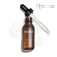 Medik8 Super C Ferulic serum bottle shown open with its glass pipette resting against the rim, displayed on a clean white background with translucent serum droplets. The amber glass bottle features the Medik8 logo and is labeled 