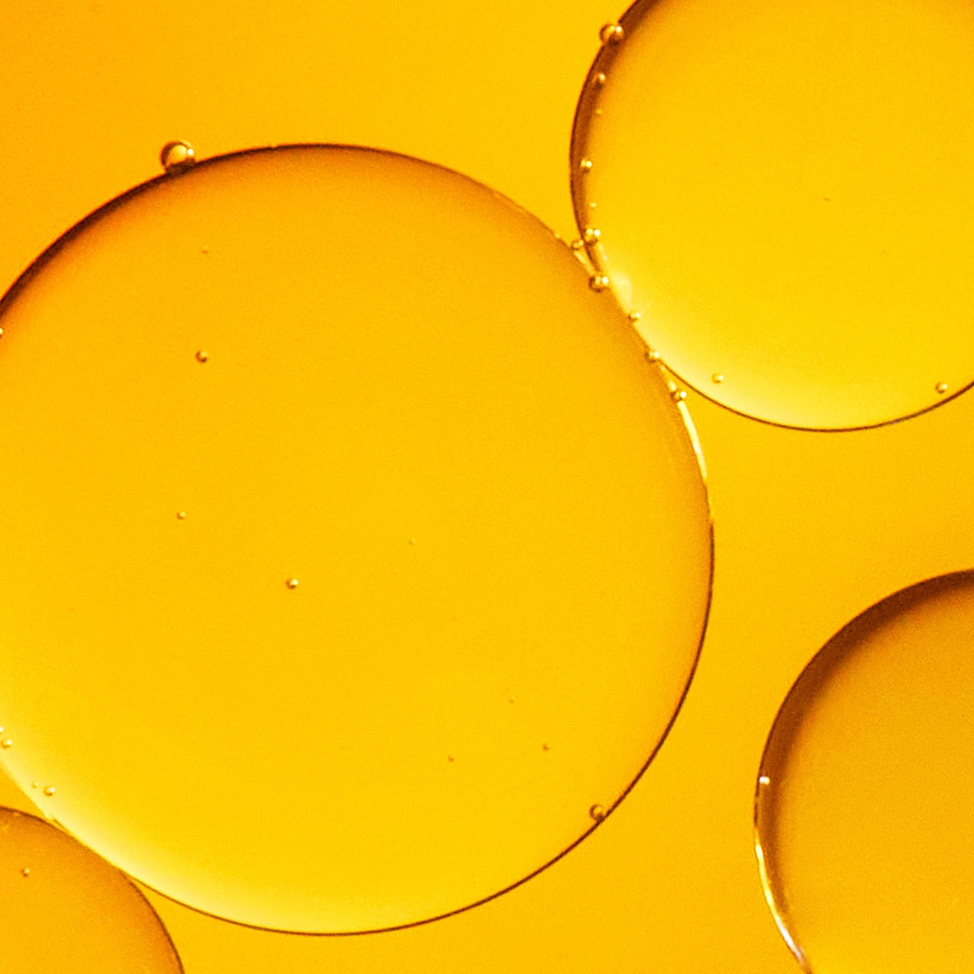 A macro close-up of golden, translucent oil droplets merging together on a yellow background, representing the texture of lipid-soluble Vitamin C.