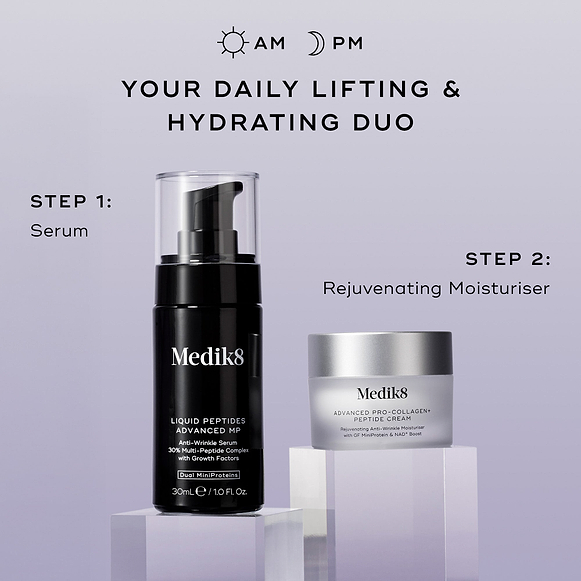A routine guide titled "Your Daily Lifting & Hydrating Duo" with AM and PM icons. Products stand on clear blocks: Step 1 is Liquid Peptides Advanced MP (Serum), and Step 2 is Advanced Pro-Collagen+ Peptide Cream (Rejuvenating Moisturiser).-hover-1