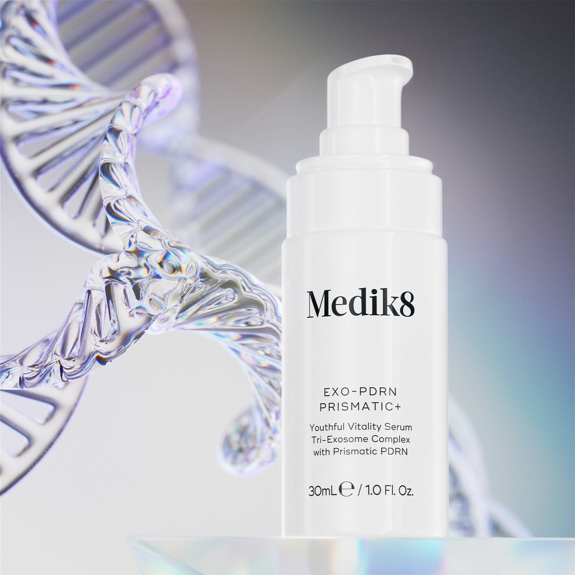 Medik8 serum Exo-PDRN Prismatic+ with a DNA double helix in the background