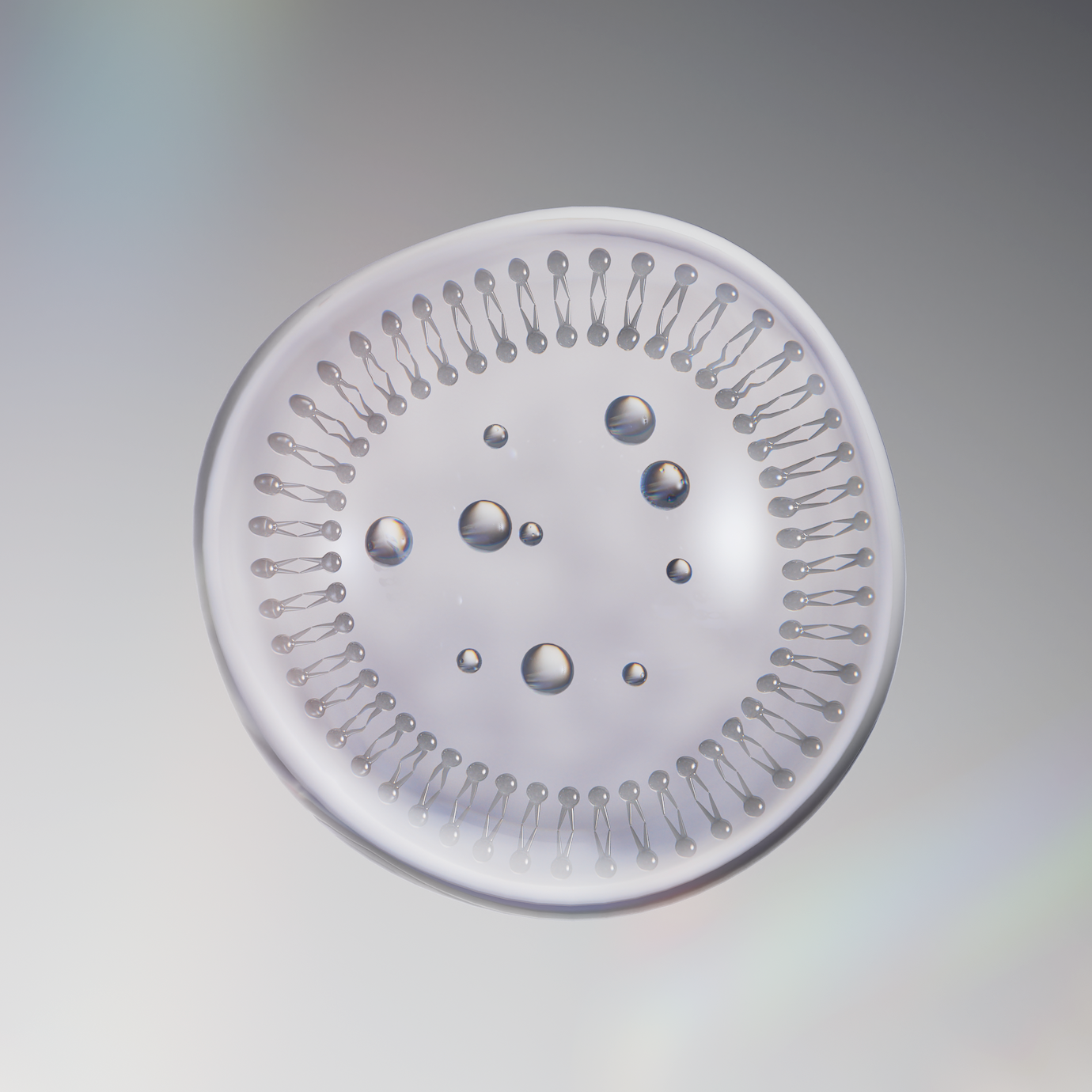 A 3D illustration of an exosome vesicle showing an outer lipid bilayer ring and inner spherical payloads. It is set against a light grey background with a subtle, colourful holographic light flare.