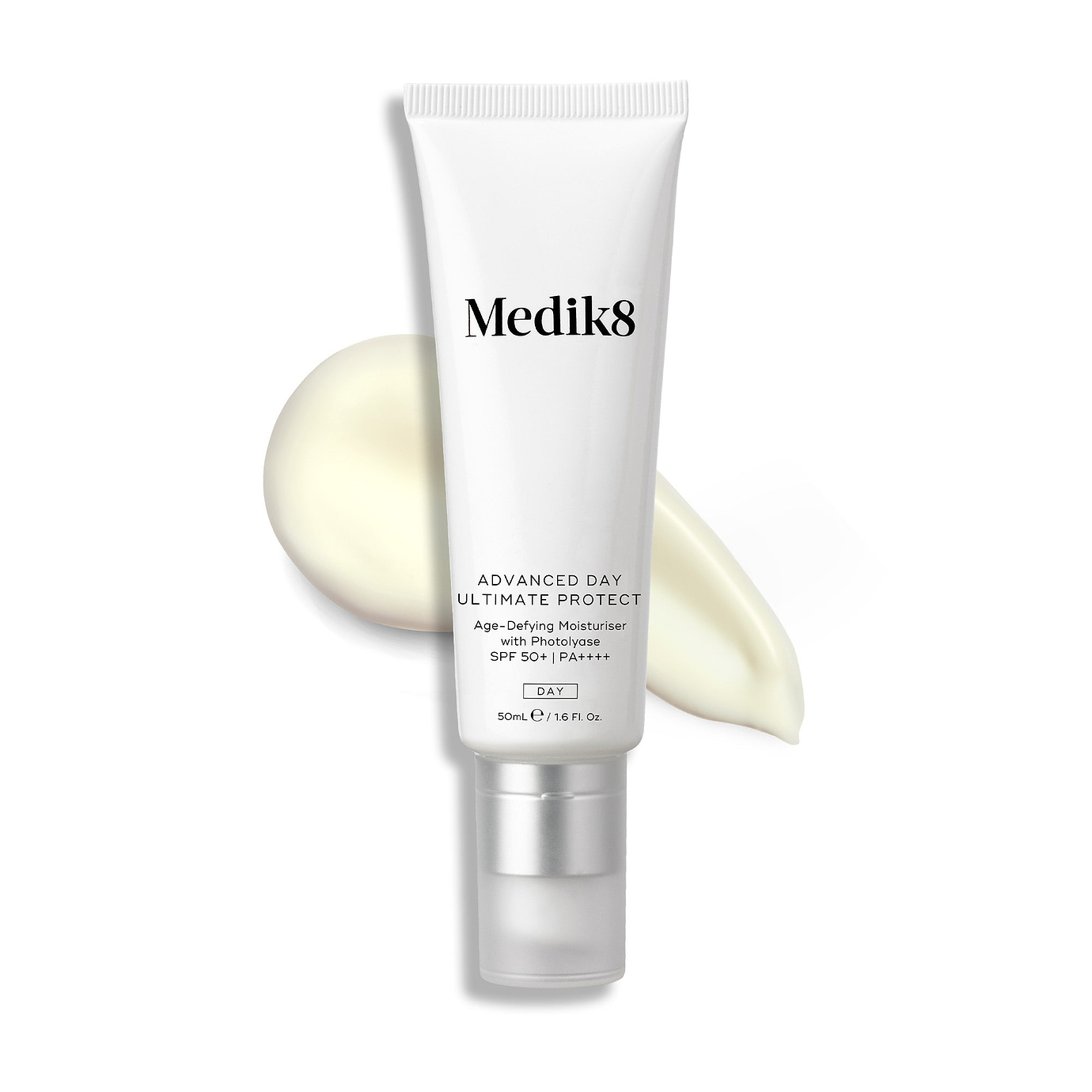 A white 50mL pump tube of Medik8 Advanced Day Ultimate Protect layered over a thick swipe of its pale cream texture against a clean white background. Text on the tube reads 