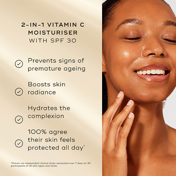 "A model with glowing skin smiles next to a list of product benefits on a soft gold background. Text highlights the 2-in-1 Vitamin C Moisturiser with SPF 30: "Prevents signs of premature ageing, Boosts skin radiance, Hydrates the complexion, 100% agree their skin feels protected all day*"-hover-5