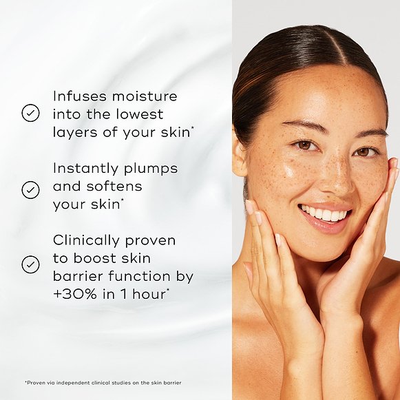 An image split between a white cream texture background and a smiling woman touching her radiant face. Text highlights key benefits with checkmarks: "Infuses moisture into the lowest layers of your skin," "Instantly plumps and softens your skin," and "Clinically proven to boost skin barrier function by +30% in 1 hour."-hover-31