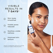 Woman applying skincare product with visible results text on a light blue background