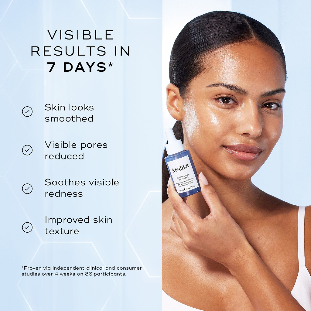 Woman applying skincare product with visible results text on a light blue background