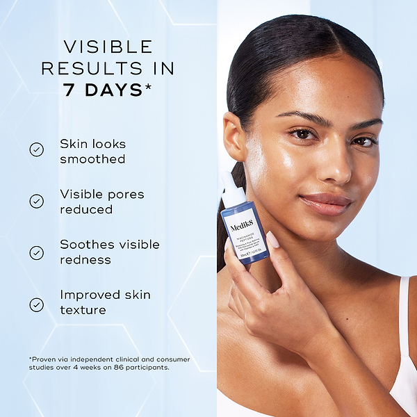 Woman applying skincare product with visible results text on a light blue background