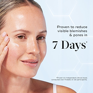 Woman applying skincare product with text claiming results in 7 days on a light blue background
