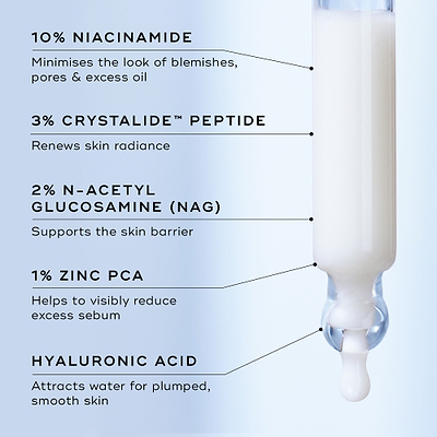 Skincare serum dropper with ingredient labels on a light blue background