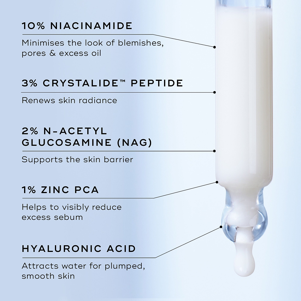 Skincare serum dropper with ingredient labels on a light blue background