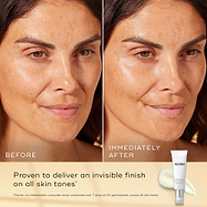 Before-and-after skin comparison of a woman's face, showing a matte finish on the left and a glowing, hydrated finish on the right. A tube of Medik8 advanced day ultimate protect cream is shown in the bottom right corner on a beige background with text highlighting its invisible finish.