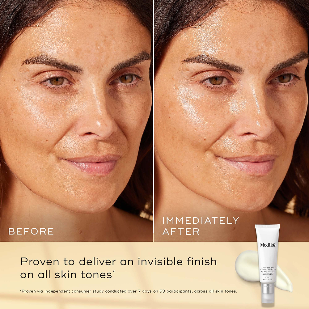 Before-and-after skin comparison of a woman's face, showing a matte finish on the left and a glowing, hydrated finish on the right. A tube of Medik8 advanced day ultimate protect cream is shown in the bottom right corner on a beige background with text highlighting its invisible finish.