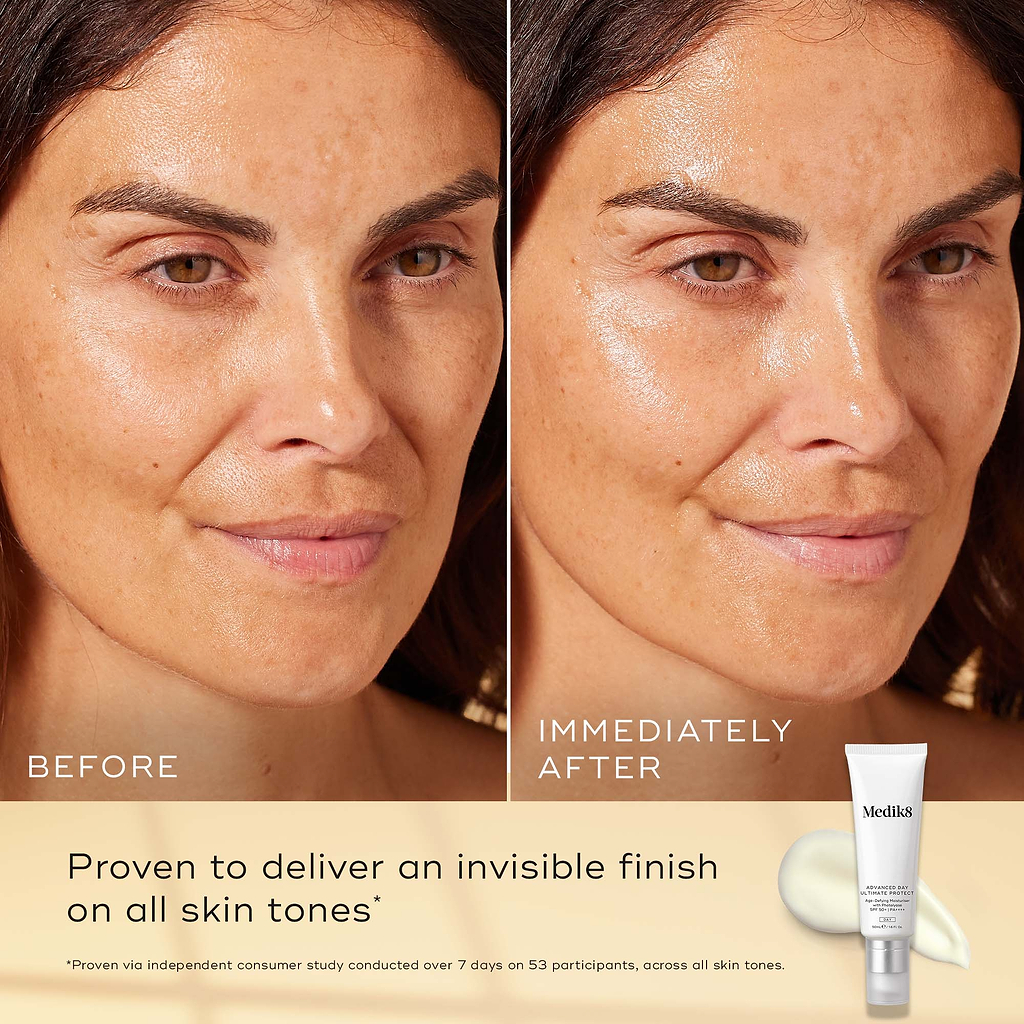 Before-and-after skin comparison of a woman's face, showing a matte finish on the left and a glowing, hydrated finish on the right. A tube of Medik8 advanced day ultimate protect cream is shown in the bottom right corner on a beige background with text highlighting its invisible finish.