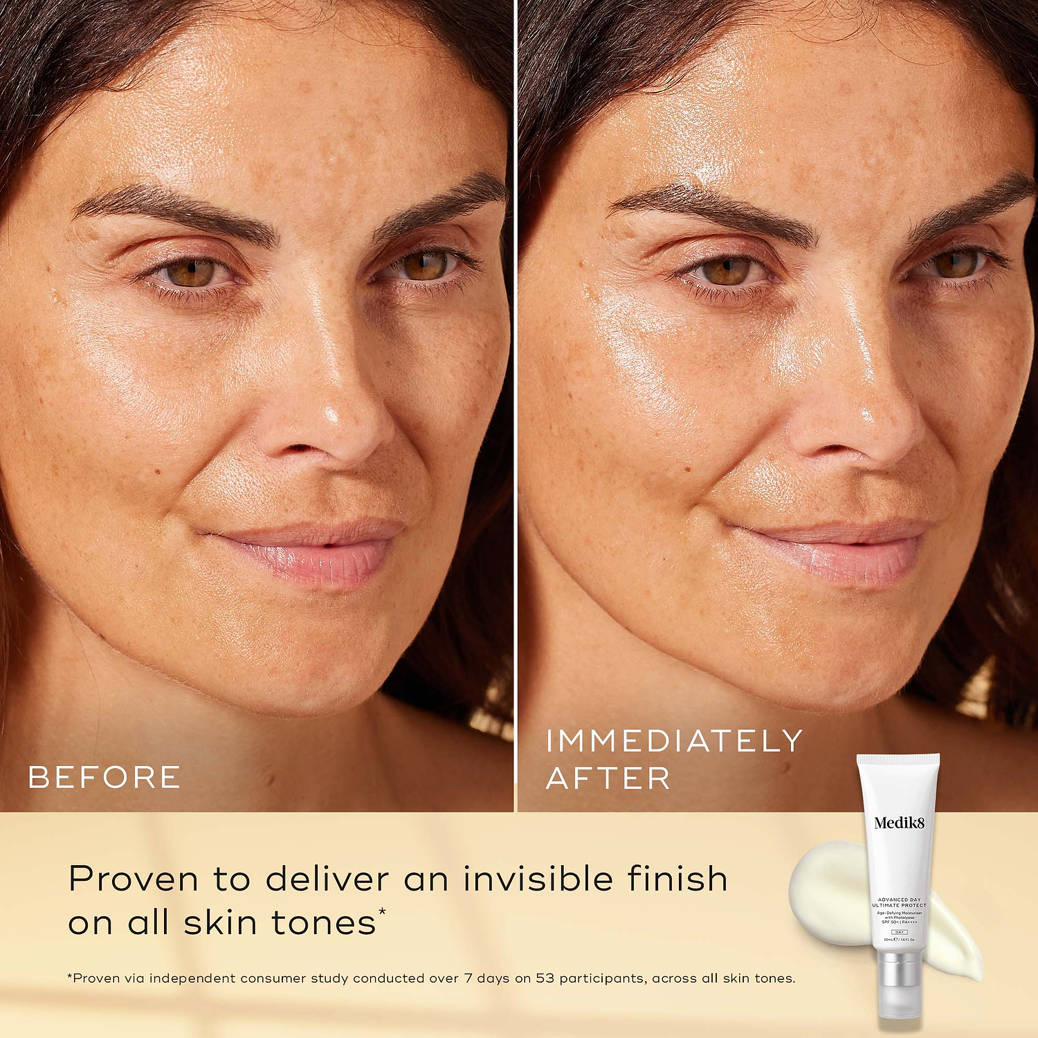 Before-and-after skin comparison of a woman's face, showing a matte finish on the left and a glowing, hydrated finish on the right. A tube of Medik8 advanced day ultimate protect cream is shown in the bottom right corner on a beige background with text highlighting its invisible finish.