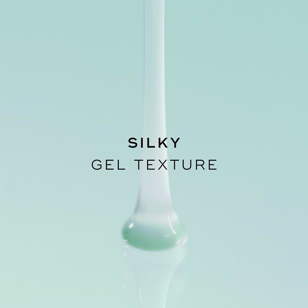 Silky gel texture. The animation shows a thick, translucent teal gel pouring down into a smooth pool.