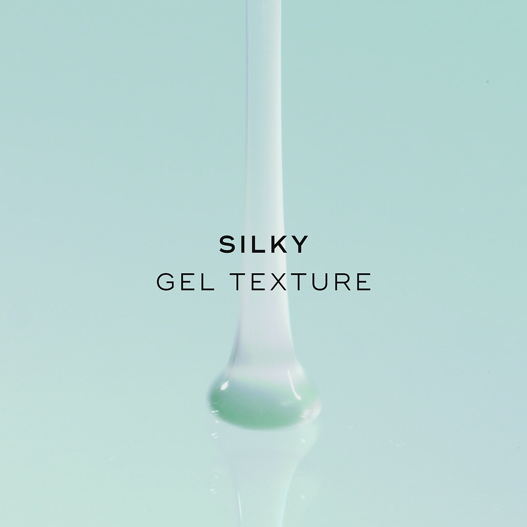 Silky gel texture. The animation shows a thick, translucent teal gel pouring down into a smooth pool.