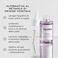 Un flacone in vetro viola con contagocce del siero Bakuchiol Peptides è mostrato con il contagocce. A sinistra, il testo evidenzia il prodotto come ALTERNATIVA RETINOLO VEGETALE, con benefici tra cui: levigare linee sottili e rughe, uniformare visibilmente tono e texture della pelle, calmare, rimpolpare e illuminare l’aspetto della pelle, ed essere adatto all’uso durante gravidanza/allattamento.