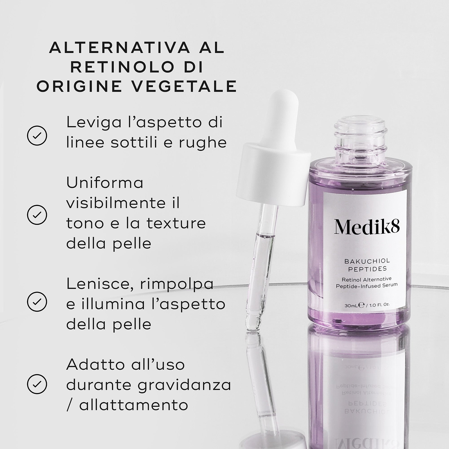 Un flacone in vetro viola con contagocce del siero Bakuchiol Peptides è mostrato con il contagocce. A sinistra, il testo evidenzia il prodotto come ALTERNATIVA RETINOLO VEGETALE, con benefici tra cui: levigare linee sottili e rughe, uniformare visibilmente tono e texture della pelle, calmare, rimpolpare e illuminare l’aspetto della pelle, ed essere adatto all’uso durante gravidanza/allattamento.