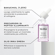 Un flacone in vetro viola con contagocce del siero Bakuchiol Peptides è esposto. I testi indicano i suoi ingredienti chiave: BAKUCHIOL (1,25%), BRIGHTENING PEPTIDE PRECURSORS e INKA OMEGA OIL.