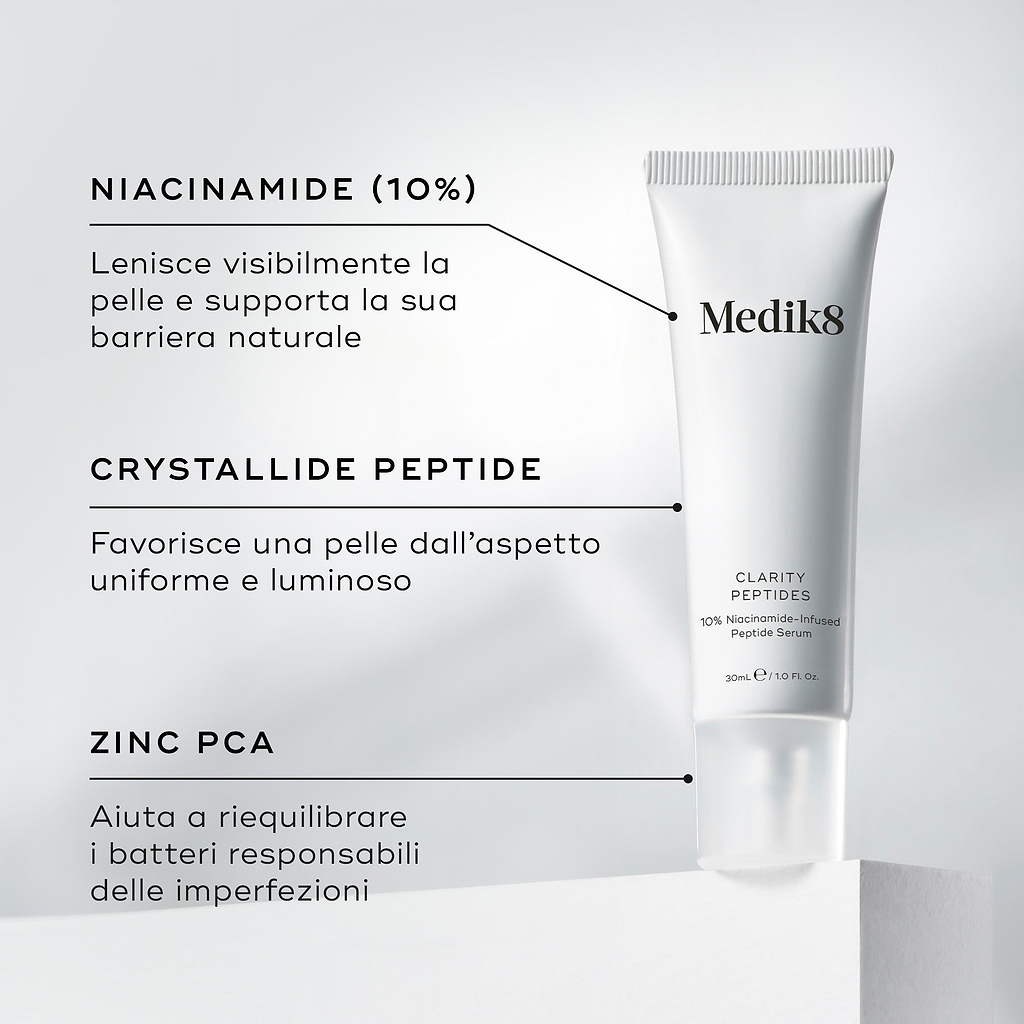 Tubo di Medik8 Clarity Peptides posizionato su un blocco bianco accanto ai dettagli degli ingredienti. Il testo evidenzia Niacinamide (10%) per lenire la pelle, Crystalide Peptide per la luminosità e Zinco PCA per bilanciare i batteri.