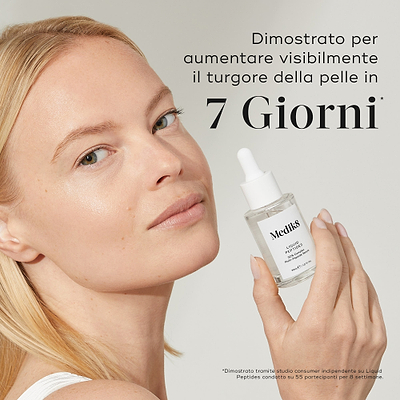 Donna che tiene un flacone di siero Liquid Peptides. Il testo a destra recita Comprovato per aumentare visibilmente il turgore della pelle in 7 giorni*. Una nota a piè di pagina indica che i risultati provengono da uno studio indipendente sui consumatori.