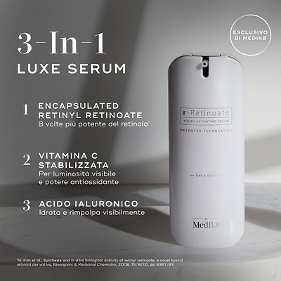 Flacone del siero lussuoso 3-in-1 Medik8 r-Retinoate con dettagli del prodotto su uno sfondo grigio.