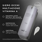 Flacone bianco con erogatore di r-Retinoate Day & Night Eye Serum mostrato con testi in evidenza che indicano gli ingredienti chiave: RETINYL RETINOATE INCAPSULATO, HESPERIDINA e CAFFÈINA. Una nota a piè di pagina fornisce la citazione per l’affermazione sul retinolo.