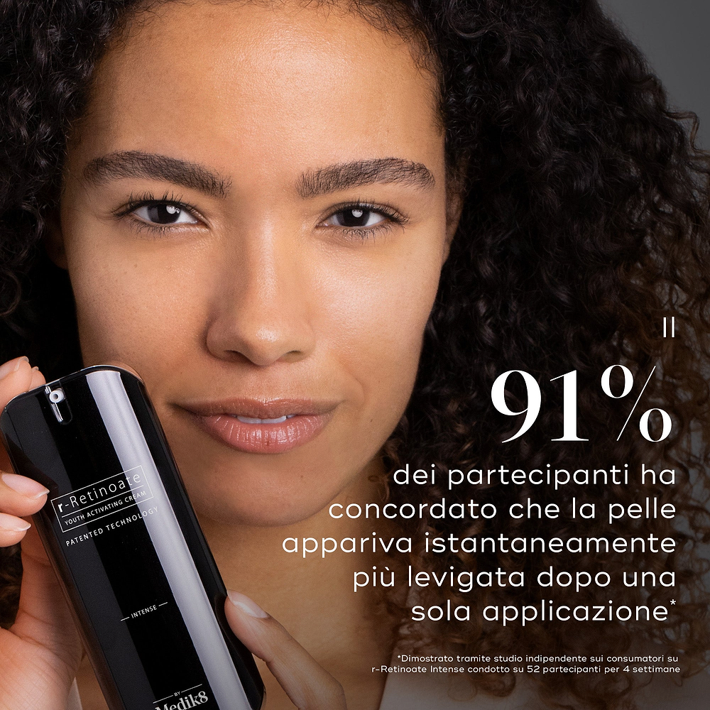 Persona che tiene un flacone di Medik8 r-Retinoate Intense. Il testo indica che il 91% dei partecipanti ha concordato che la pelle appariva visibilmente più liscia dopo una sola applicazione.