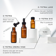 Collezione di quattro prodotti Medik8 Vitamin C esposti su piedistalli circolari bianchi su uno sfondo bianco pulito. L’immagine include: il flacone di siero C-Tetra aperto con pipetta in vetro, descritto come siero viso per pelli sensibili; il flacone di siero C-Tetra Luxe, descritto come siero viso per risultati potenziati; il flacone di siero C-Tetra Eye, descritto per l’area occhi; il barattolo di crema C-Tetra aperto con crema bianca visibile, descritto come idratante viso per chi inizia a usare la vit