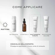 Diagramma “COME FARE STRATI” per la routine skincare del mattino. Include DETERGERE (Calmwise Soothing Cleanser), VITAMINA C (C-Tetra Luxe), TRATTAMENTO MIRATO (Calmwise Colour Correct) e PROTEZIONE SOLARE (Advanced Day Ultimate Protect).