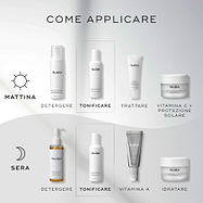 Diagramma “Come fare strati” che mostra le routine skincare AM e PM. Il Daily Refresh Balancing Toner è indicato come passaggio di TONIFICARE, da applicare dopo la detersione e prima dei sieri specifici.
