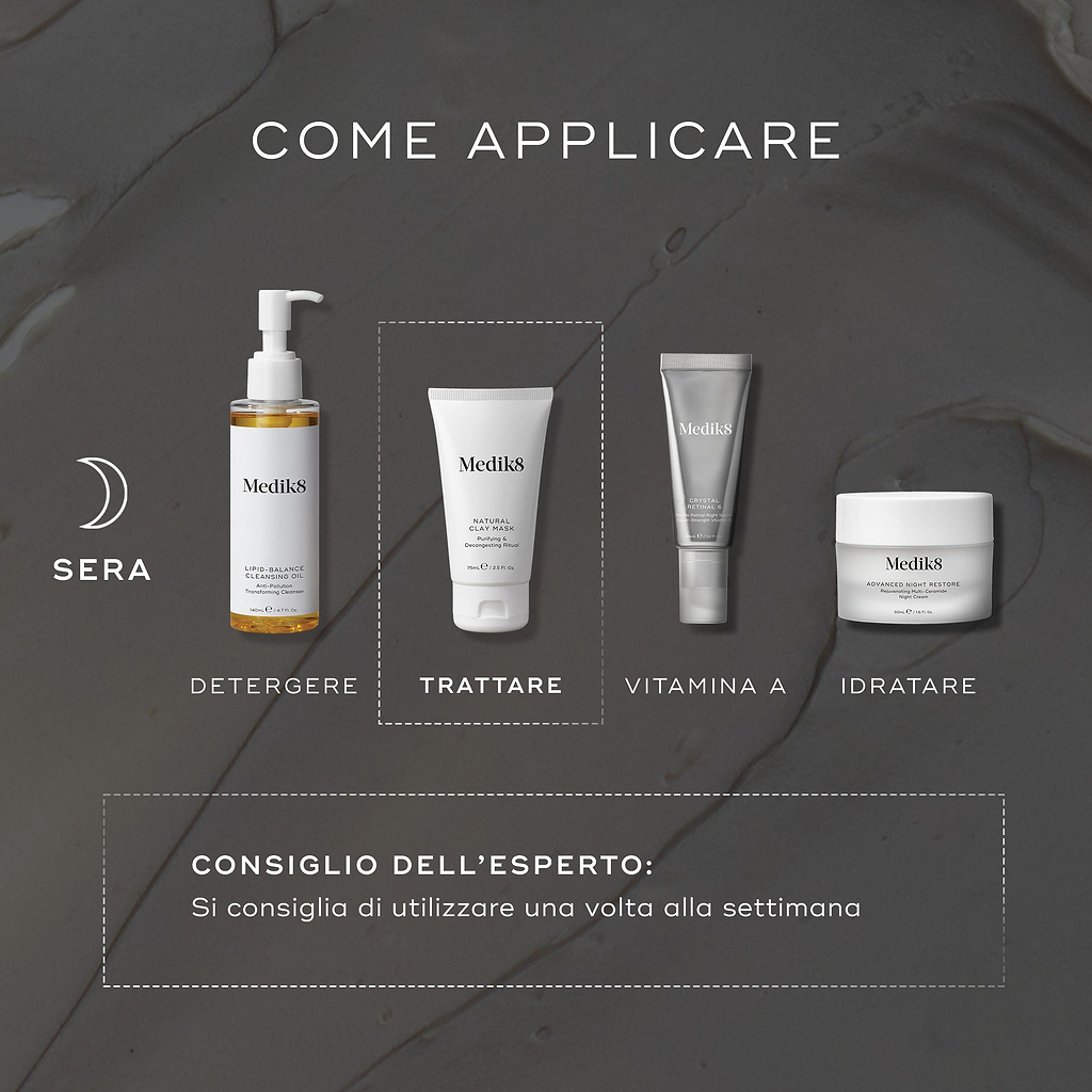 Un diagramma HOW TO LAYER per una routine skincare serale (PM). Include Cleanse (Lipid-Balance Cleansing Oil), Target (Natural Clay Mask), Vitamin A (Crystal Retinal) e Moisturise (Advanced Night Restore).