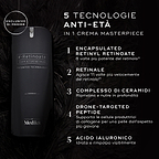 Flacone di crema Medik8 r-Retinoate Intense su uno sfondo scuro con effetto piumato. Il testo evidenzia 5 tecnologie anti-età: Retinyl Retinoate Incapsulato, Retinal, Complesso di Ceramidi, Peptide Mirato con Drone e Acido Ialuronico.