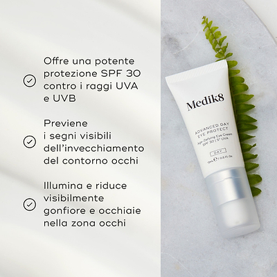 Tubo di crema contorno occhi Medik8 su sfondo in marmo con una foglia verde, con testo che ne spiega i benefici.