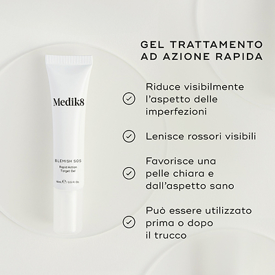 Elenco dei principali benefici di Medik8 Blemish SOS su sfondo bianco.