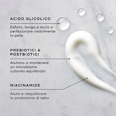 Ingredienti di Balance Moisturiser™ & Glycolic Acid Activator™, testo su sfondo grigio.