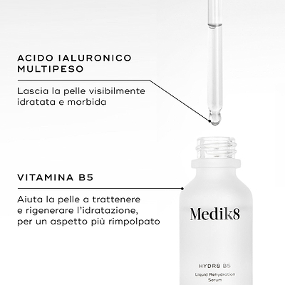 Flacone di siero Medik8 Hydr8 B5 su sfondo bianco pulito, con una pozza di liquido trasparente e goccioline visibili, e il contagocce appoggiato sopra. Il testo identifica il prodotto come un Siero Liquido Reidratante da 30 ml.