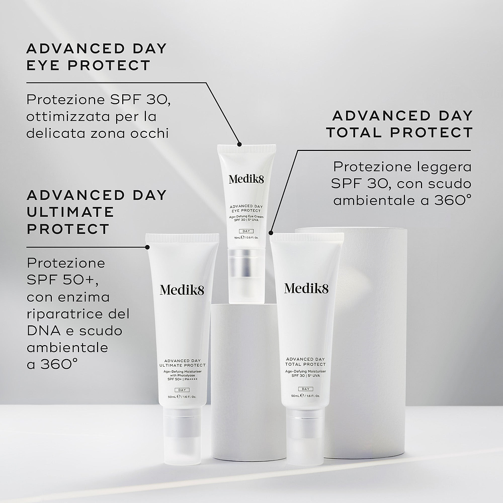 Prodotti skincare Medik8 con testo sulla linea Advanced Day Protection su sfondo bianco.
