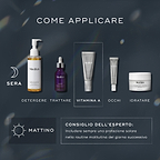 A COME STRATIFICARE diagramma per la routine PM. Include: Detergere (Lipid-Balance Cleansing Oil), Trattamento mirato (Liquid Peptides), Vitamina A (Crystal Retinal), Occhi (Crystal Retinal Ceramide Eye), Idratare (Advanced Night Restore).