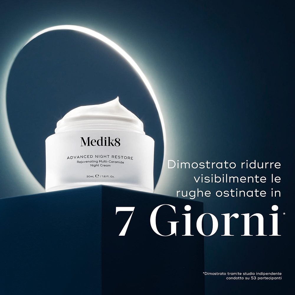 Il barattolo di Medik8 Advanced Night Restore è posizionato su un piedistallo blu scuro con un anello luminoso sullo sfondo. Il testo evidenzia Clinicamente dimostrato di ridurre visibilmente le rughe ostinate in 7 giorni* sulla base di uno studio indipendente condotto sui consumatori.