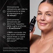 Donna che tiene un flacone di Liquid Peptides Advanced MP. L’immagine elenca tre benefici con segno di spunta: comprovato clinicamente per ridurre visibilmente le linee d’espressione in 10 minuti, comprovato clinicamente per ridurre l’aspetto delle rughe profonde in 8 settimane, e l’86% concorda che non si sono formate nuove linee o rughe dall’inizio dell’uso del siero. Le note a piè di pagina citano studi clinici e sui consumatori indipendenti.