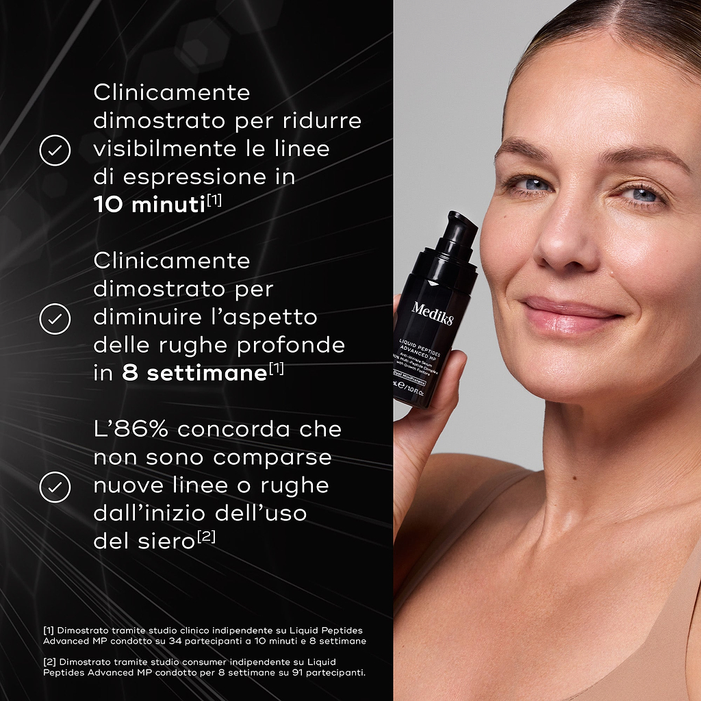 Donna che tiene un flacone di Liquid Peptides Advanced MP. L’immagine elenca tre benefici con segno di spunta: comprovato clinicamente per ridurre visibilmente le linee d’espressione in 10 minuti, comprovato clinicamente per ridurre l’aspetto delle rughe profonde in 8 settimane, e l’86% concorda che non si sono formate nuove linee o rughe dall’inizio dell’uso del siero. Le note a piè di pagina citano studi clinici e sui consumatori indipendenti.