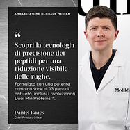 Daniel Isaacs, Chief Product Officer di Medik8, mostrato con una citazione che recita: Scopri la tecnologia dei peptidi di precisione per una riduzione drastica delle rughe. Formulato con una potente combinazione di 13 peptidi anti-età, inclusi gli innovativi Dual MiniProteins™.