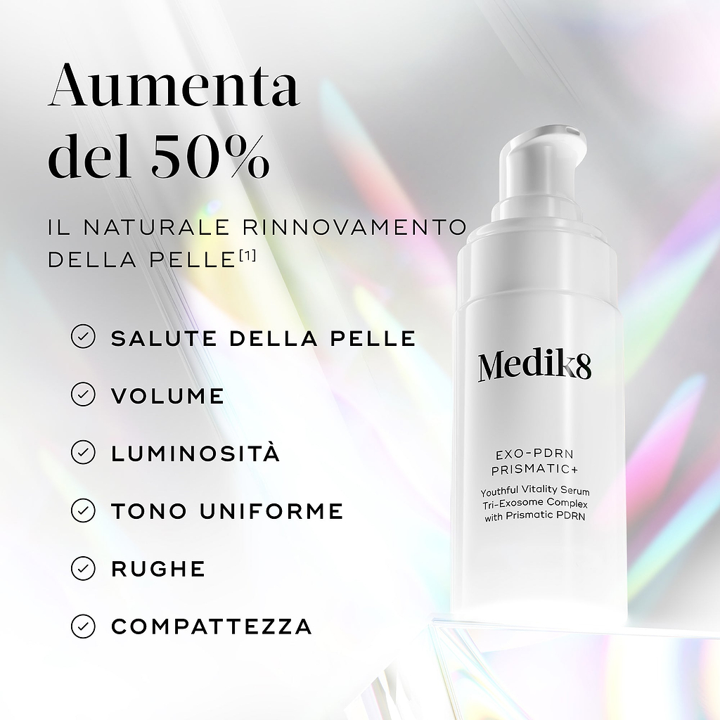Siero Medik8 Exo-PDRN Prismatic+ esposto con il testo: "Potenzia la naturale rigenerazione cutanea di oltre il 50%*", insieme ai benefici tra cui salute della pelle, volume, luminosità, tono dell'incarnato, rughe e compattezza.