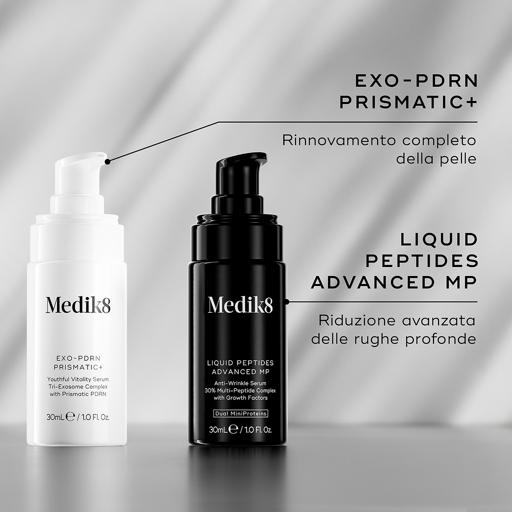 Siero Medik8 Exo-PDRN Prismatic+ mostrato insieme a Liquid Peptides Advanced MP come abbinamento di routine per la riduzione avanzata delle rughe profonde.
