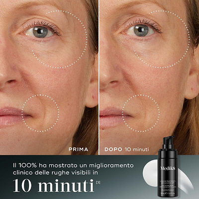 10 Min” – Confronto prima e dopo del viso di un partecipante mostrato accanto al flacone di Medik8 Liquid Peptides Advanced MP. Le immagini evidenziano la riduzione delle rughe intorno a occhi e bocca. Il testo sottolinea che il 100% dei partecipanti ha mostrato un miglioramento clinico delle rughe visibili in 10 minuti.
