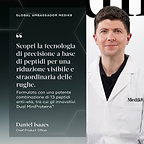 Daniel Isaacs, Chief Product Officer di Medik8, mostrato con una citazione che recita: Scopri la tecnologia dei peptidi di precisione per una riduzione drastica delle rughe. Formulato con una potente combinazione di 13 peptidi anti-età, inclusi gli innovativi Dual MiniProteins™.