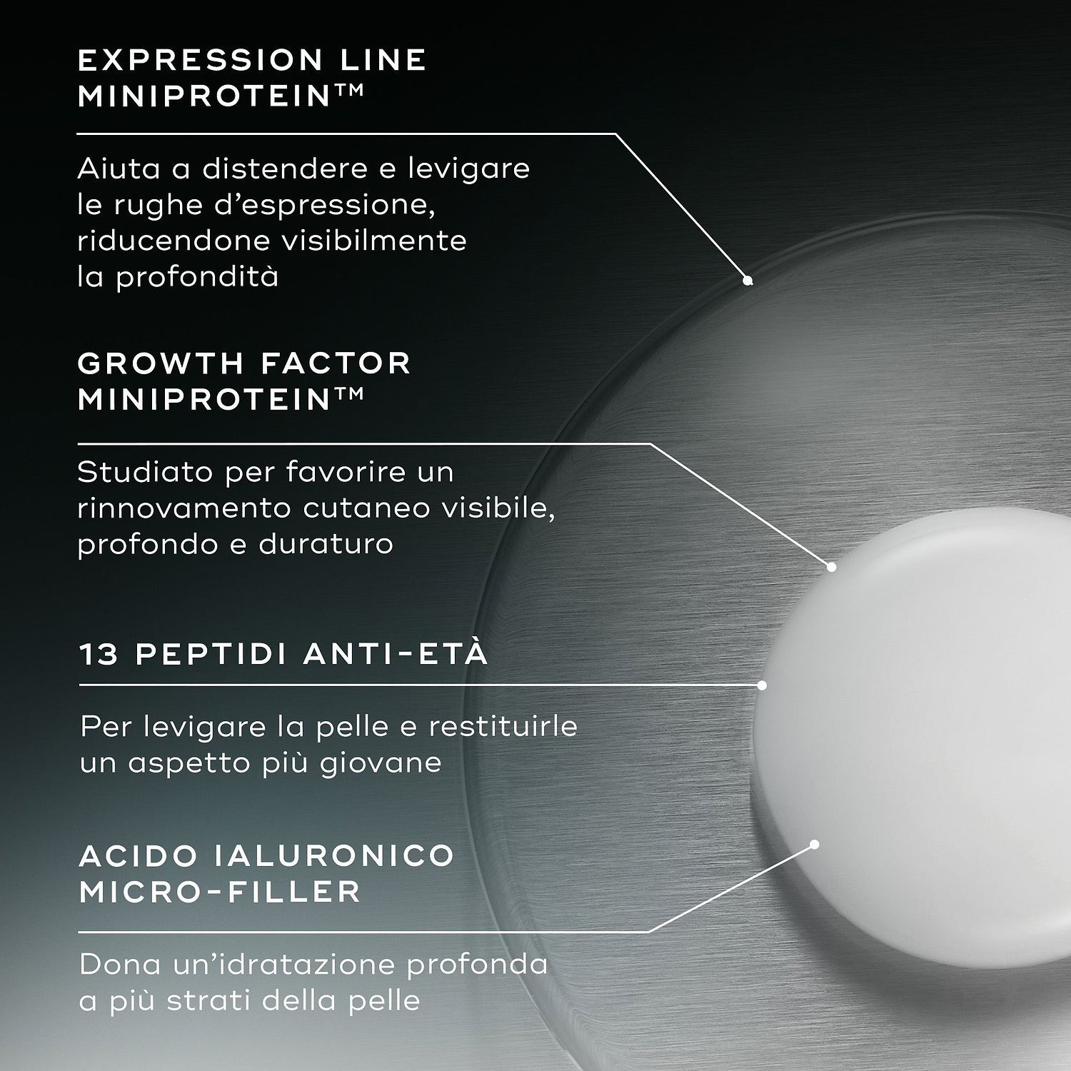 Primo piano della consistenza del Liquid Peptides Advanced MP con testi in evidenza che dettagliano gli ingredienti: EXPRESSION LINE MINIPROTEIN™, GROWTH FACTOR MINIPROTEIN, 13 PEPTIDI ANTI-ETÀ e ACIDO IALURONICO MICRO-FILLER.