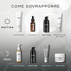 Diagramma “COME FARE STRATI” per le routine di skincare. La routine del mattino include DETERGERE (Medik8 Surface Radiance Cleanse), VITAMINA C (Medik8 C-Tetra Luxe), TRATTAMENTO MIRATO (Medik8 Liquid Peptides Advanced MP) e PROTEZIONE SOLARE (Medik8 Advanced Day Total Protect). La routine serale comprende DETERGERE (Medik8 Lipid-Balance Cleansing Oil), TRATTAMENTO MIRATO (Medik8 Liquid Peptides Advanced MP), VITAMINA A (Medik8 Crystal Retinal) e IDRATARE (Medik8 Advanced Night Restore).
